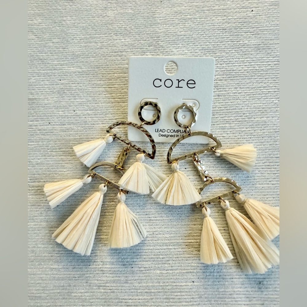 Core Hammered Gold & Ivory Raffia Tassel Chandelier Earrings